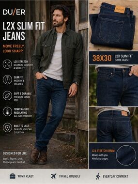 DU/ER Jeans Mens 38x30 L2X Slim Fit Dark Wash Denim Stretch DUER Dark Wash
